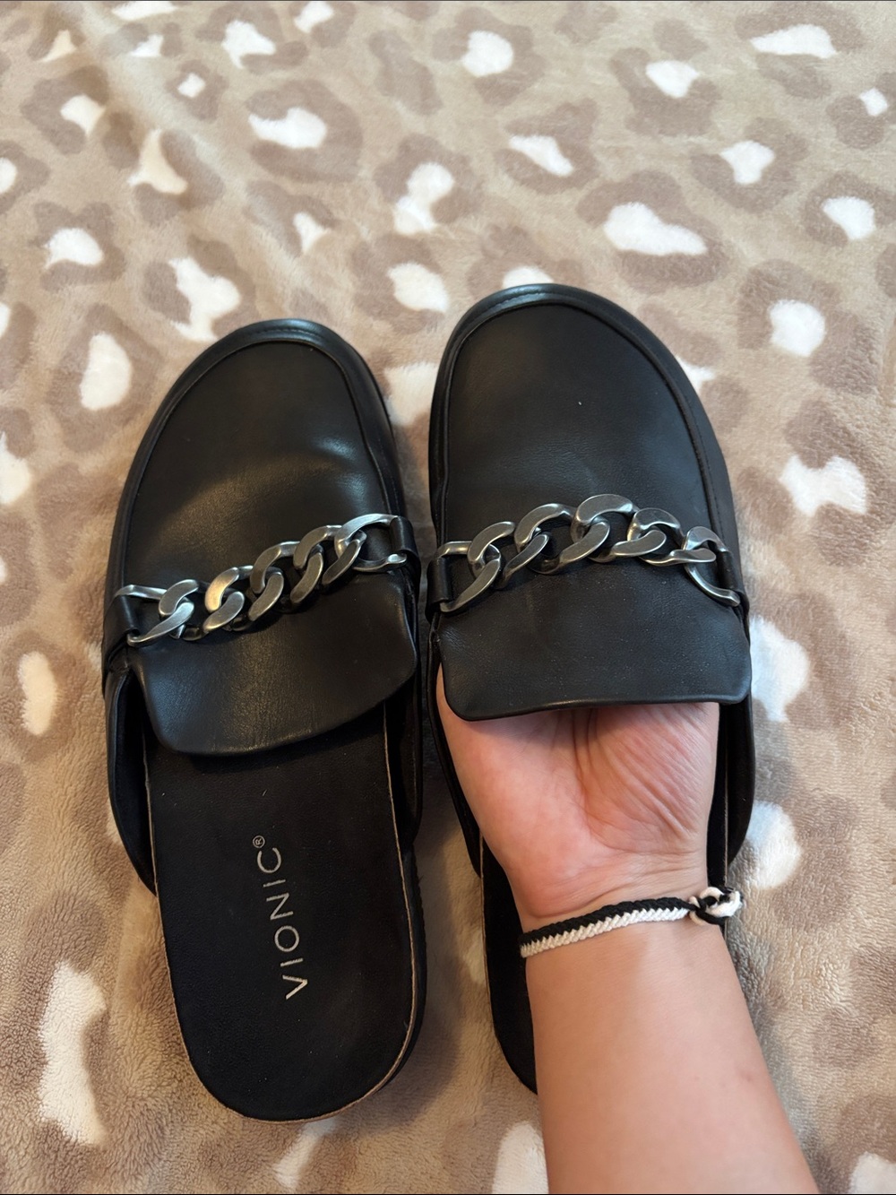 Vionic Black Slip-On Mules with Gunmetal Chain